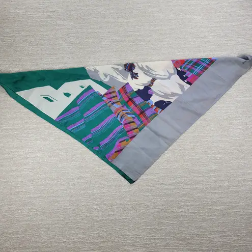 VTG Daniel Hechter Silk Scarf 30" Square Green Plaid Elephant Hand Rolled