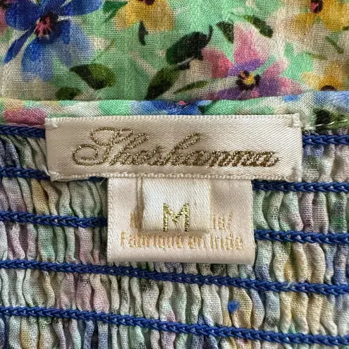 Shoshanna Kira Smocked Floral Tassel Peasant Top M Green Puff Sleeve