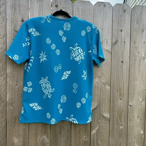 VINTAGE Artsy Fish Shirt size large blue beach turtle sun seashell summer eb ba White
