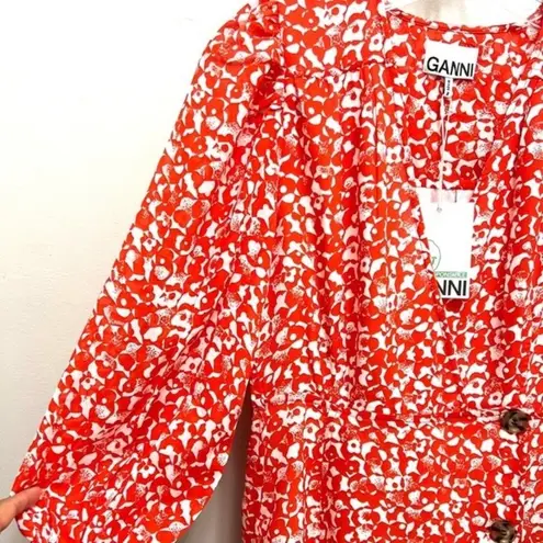 Ganni NWT Dress Abstract Floral Orange Dot Crepe Midi Size 2