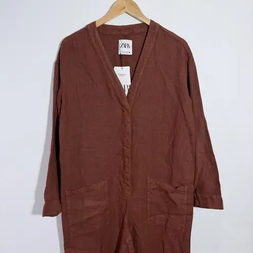 ZARA NWT  100% Linen Brown Jumpsuit The Veronica Overall Brown Size Small‎ - Image 2