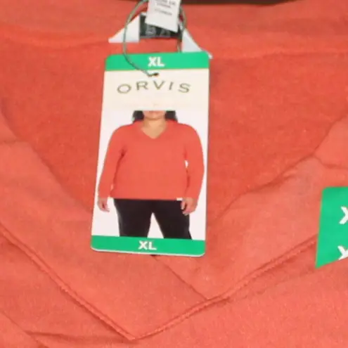 Orvis Orange V Neck Terry Long Sleeve Pullover