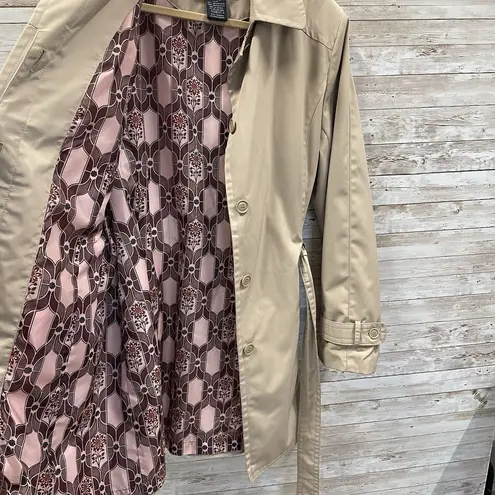 London Fog Vintage Women's XL Tan Mid Trench Coat w/ Belt Pink Silky Lined Print