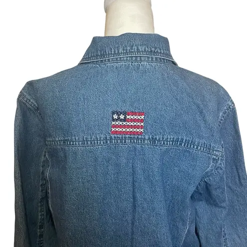 Denim & Co Womens Denim Jean Jacket Blue 100% Cotton USA Flag Embroidery Medium