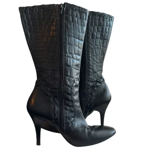 Schu La La Black Croc Embossed Leather Knee High Boots Women’s 9 / EU 40.5
