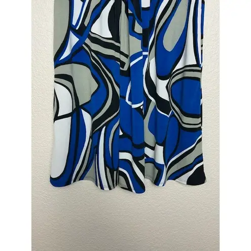 Bisou Bisou M Midi Dress Blue Gray White Stretch Abstract Print Modern Artsy