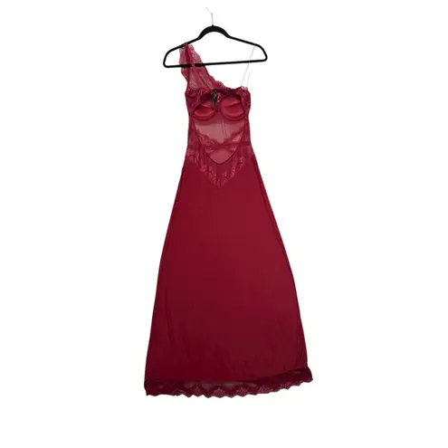 Frederick's of Hollywood Maroon Lace One Shoulder Sheer Maxi Chemise Lingerie M