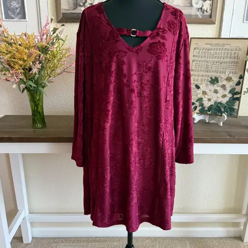 Catherines Plus Size 4X Burnout Velvet Floral Tunic Top Burgundy Red Dressy Long Sleeve