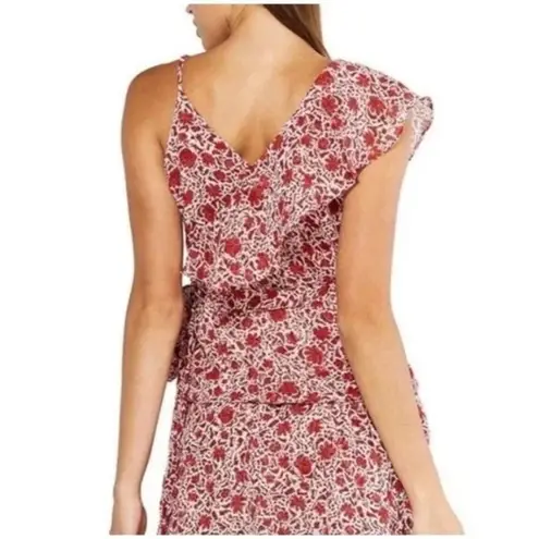 MISA Los Angeles MISA Floral Print Plunging Neck Asymmetrical Ruffle Wrap Tie Tank Blouse Red XS