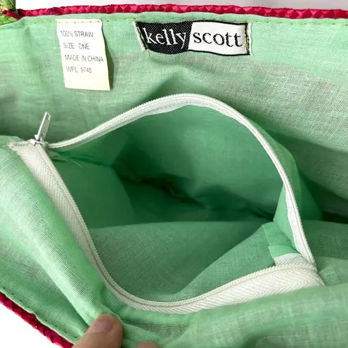 Kelly Scott Woven Straw Tote Bag Pink Lime Green Beachy Coastal Boho Festival