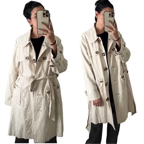 MARKS & SPENCER PER UNA 100% Linen Belted Trench Coat Beige Large Size 12