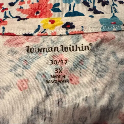 Woman Within Blouse Top 30/32 3X Floral Print V Neck Short Sleeve Cotton White