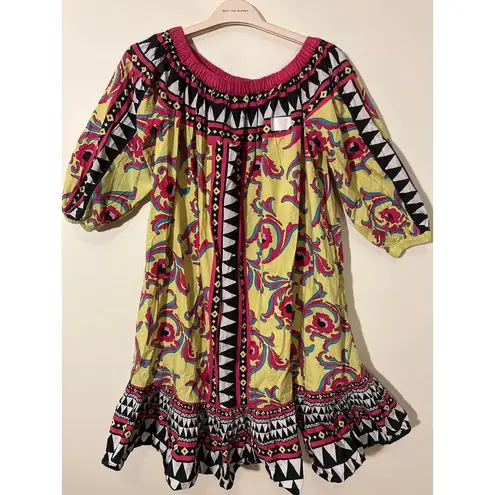 RTR La DoubleJ XS Paloma Yellow Multicolor Print Off Shoulder Shift Midi Dress