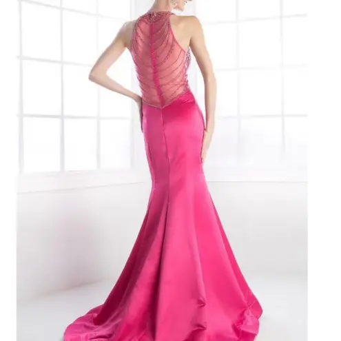 Cinderella Mermaid Maxi High Neck Sleeveless Satin Illusion Prom Dress 6