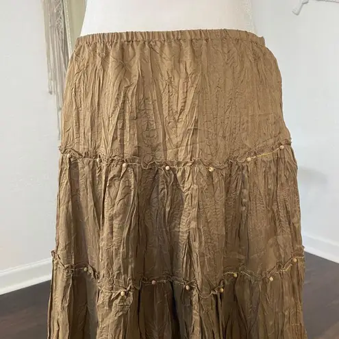Sunny Leigh Ethereal Fairy Grunge Brown Tan Silk Beaded Midi Maxi Skirt L