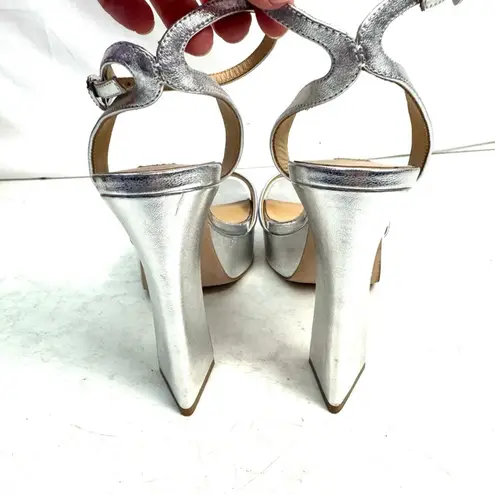 Badgley Mischka Silver Platform Sling Back Sandals Heels Shoes Size 10