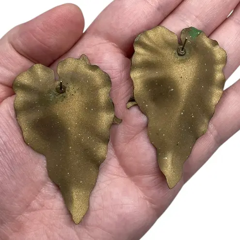 Vintage Unsigned Caladium Leaf Large Post Earrings Enamel Bohemian Boho Floral Multi