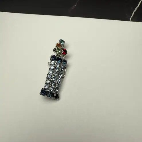 Rhinestone Golf Bag With Clubs Silver Tone Brooch Pin Golfing