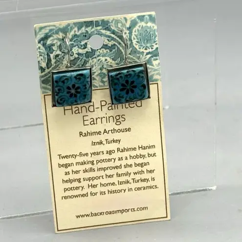 Hand Painted Earrings Rahime Arthouse Turkey Pierced Pottery Ceramics Folk Art Blue Size 0