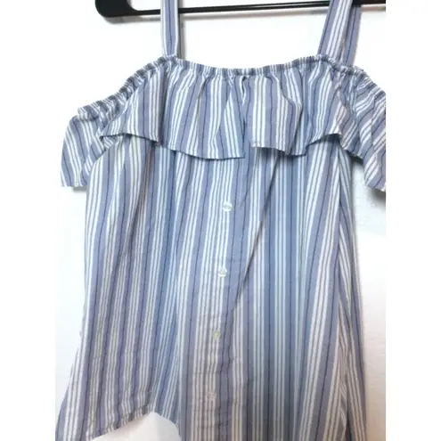 No Comment Striped Cold Shoulder Ruffle Top Button Down Blouse Blue Size M (133)
