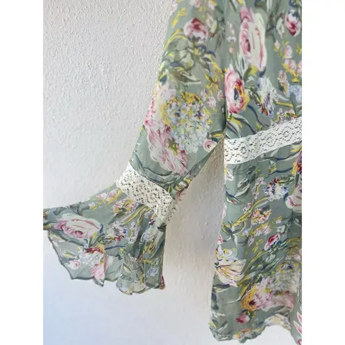 Vintage Y2k Sheer Pastel Green Crochet Floral Flowy Bell Sleeve Blouse V Neck XL