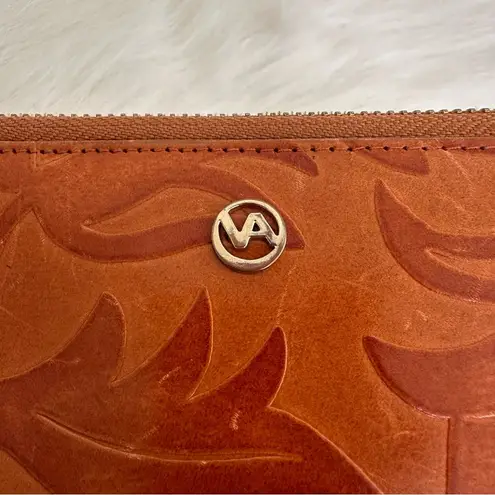 Valentina Italy Embossed Genuine Leather Floral Zip Around Wallet Brown