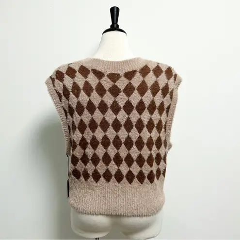 Sincerely Jules Brown Beige Diamonds Harlequin Fuzzy V Neck Pullover Vest Medium