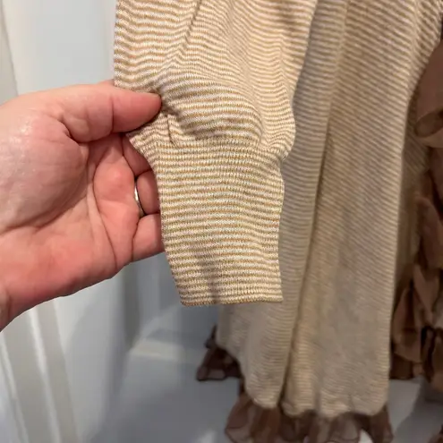 Guinevere Cardigan Brown Striped Ruffle Trim Striped Open Front Sweater Large Tan