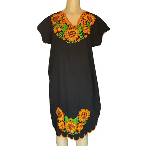 Artisan Handmade black Mexican Embroidered Dress with Sunflowers & Belt Size undefined