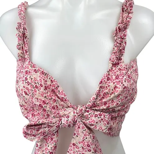Mojo Pink Floral Print Sleeveless Bow Tie Ruffle Strap Crop Tank Top Size S/M