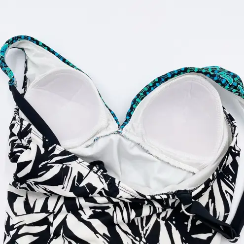 Coastal Blue Flowering Fern Black White Tummy Control One Piece Swimsuit Size XS