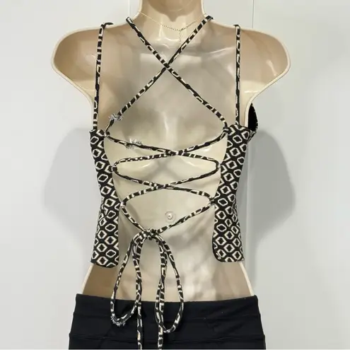 Nicholas Crop Halter Top Size 0 Lace Up Black Geometric Print Chic Party Minimal
