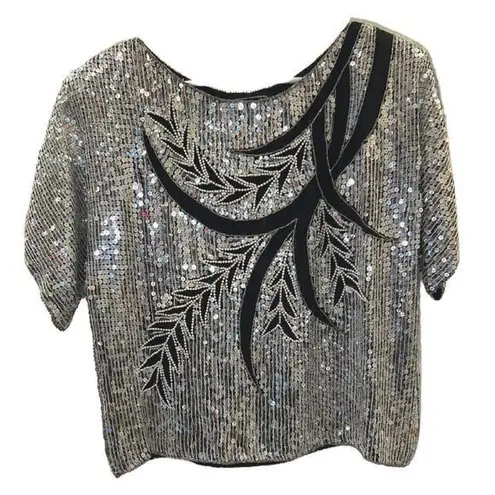 J. L. B. Women's Vintage Silver Sequin Silk Blouse Size M Size M