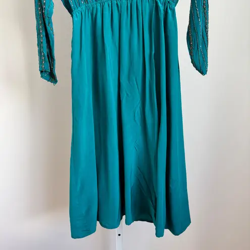 VTG Argenti 100% Silk Beaded Dress Teal Green Long Sleeve sz 10 Mob Wife Luxury