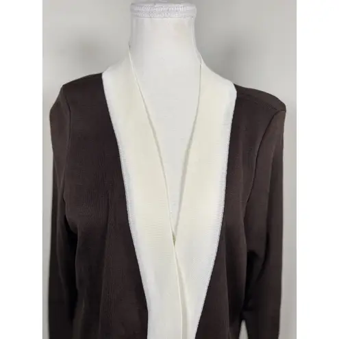 Misook Exclusively Womens Size M Open Front Brown White Trim Cardigan Business