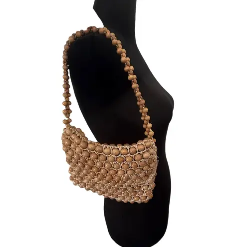 Vintage Beaded Handbag Natural Wood Raffia Woven Made in Japan Brown BOHO Retro Tan