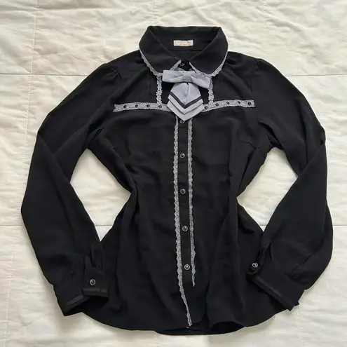 Axes Femme black and lavender dark preppy blouse with tie neckline Size medium