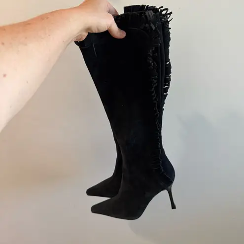St. John Black Suede Fringe Trim Knee High Heeled Boots Size 7.5B