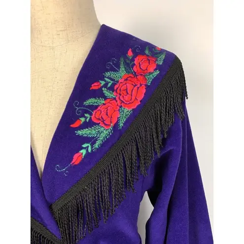 Vanity Fair Vintage Lounge Robe Fringe Embroidered Floral Full Length Purple