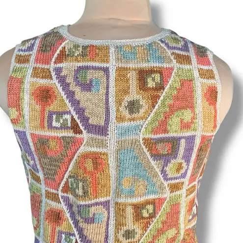 Peruvian Connection Pima Cotton Knit Sweater Vest Geometric Artsy Oatmeal Vneck