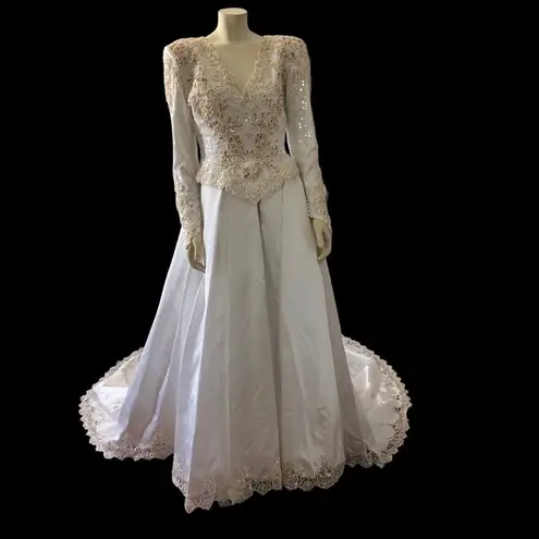 Vintage wedding sequenced dress with detachable skirt & train Ivory gold medium White