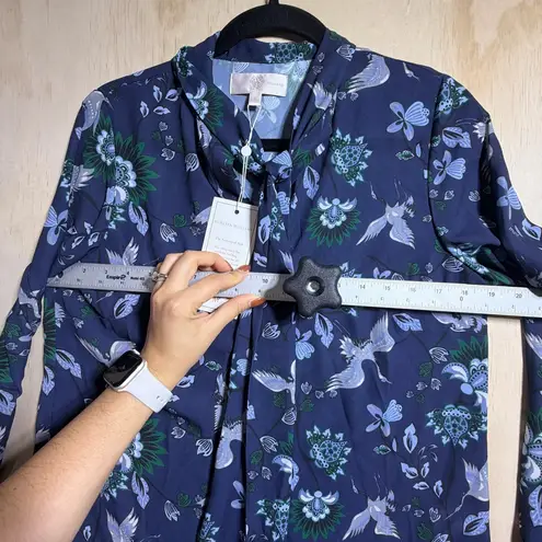 Vanessa Williams Bow Blouse NWT Size Small Blue Crane Floral Print Long Sleeve