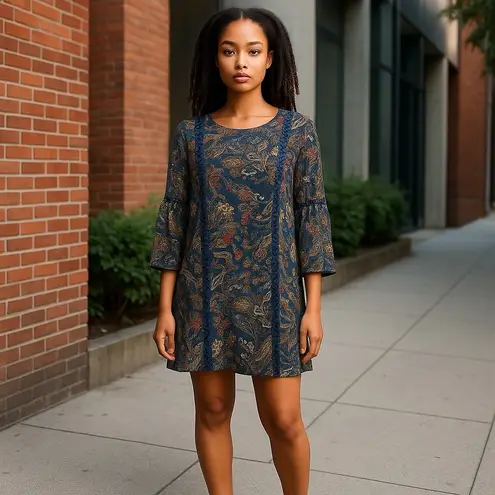 DR2 Daniel Rainn Paisley Shift Dress Open Trim Bell Sleeves Blue Red Size L Size L