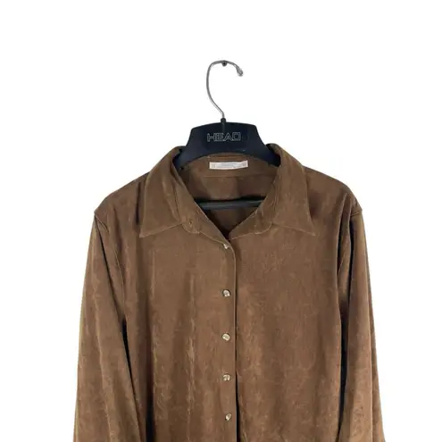 Foxcroft Brown Vegan Suede Button Up Long Sleeve Collar Top Size 12