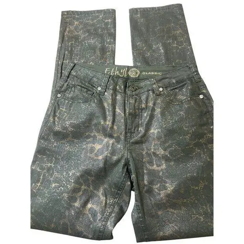 Ethyl Classic Jeans Olive Green Metallic Snake Print Rhinestone Skinny Sz 2 NWOT
