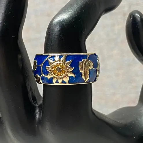 Gold Over Sterling Enamel 925 Sunflower Leaf Band Ring Blue Yellow Size 7