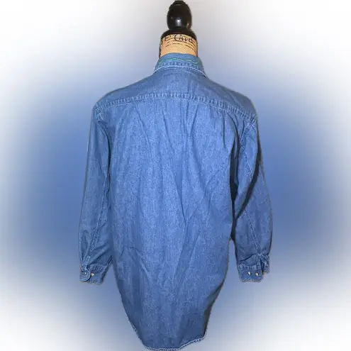 Vintage Embroidered Dancing Santa Oversized Baggy Denim Button Down Shirt S Blue