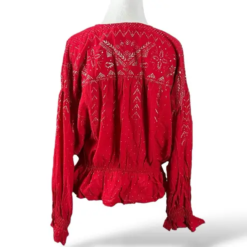 Free People  Counting Stars Western Bohemian Glitter Sparkle Aztec Top Small Red - Image 9