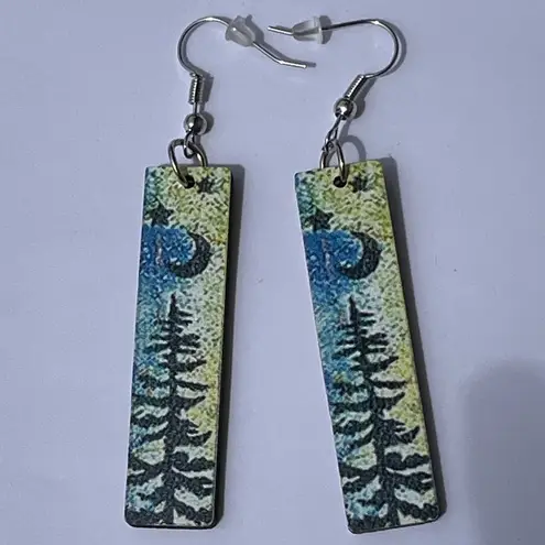 The Moon 3/$25 Artist wooden tree painting green blue drop earrings artsy boho New