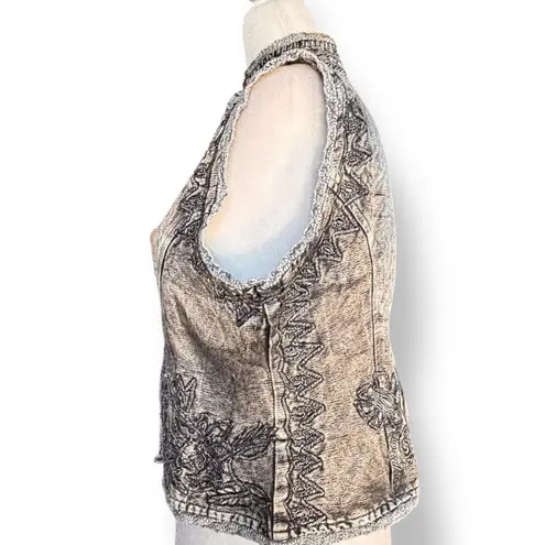 Vintage 90s Flashback Embroidered Metallic Gray Beaded Vest Floral Detail Boho